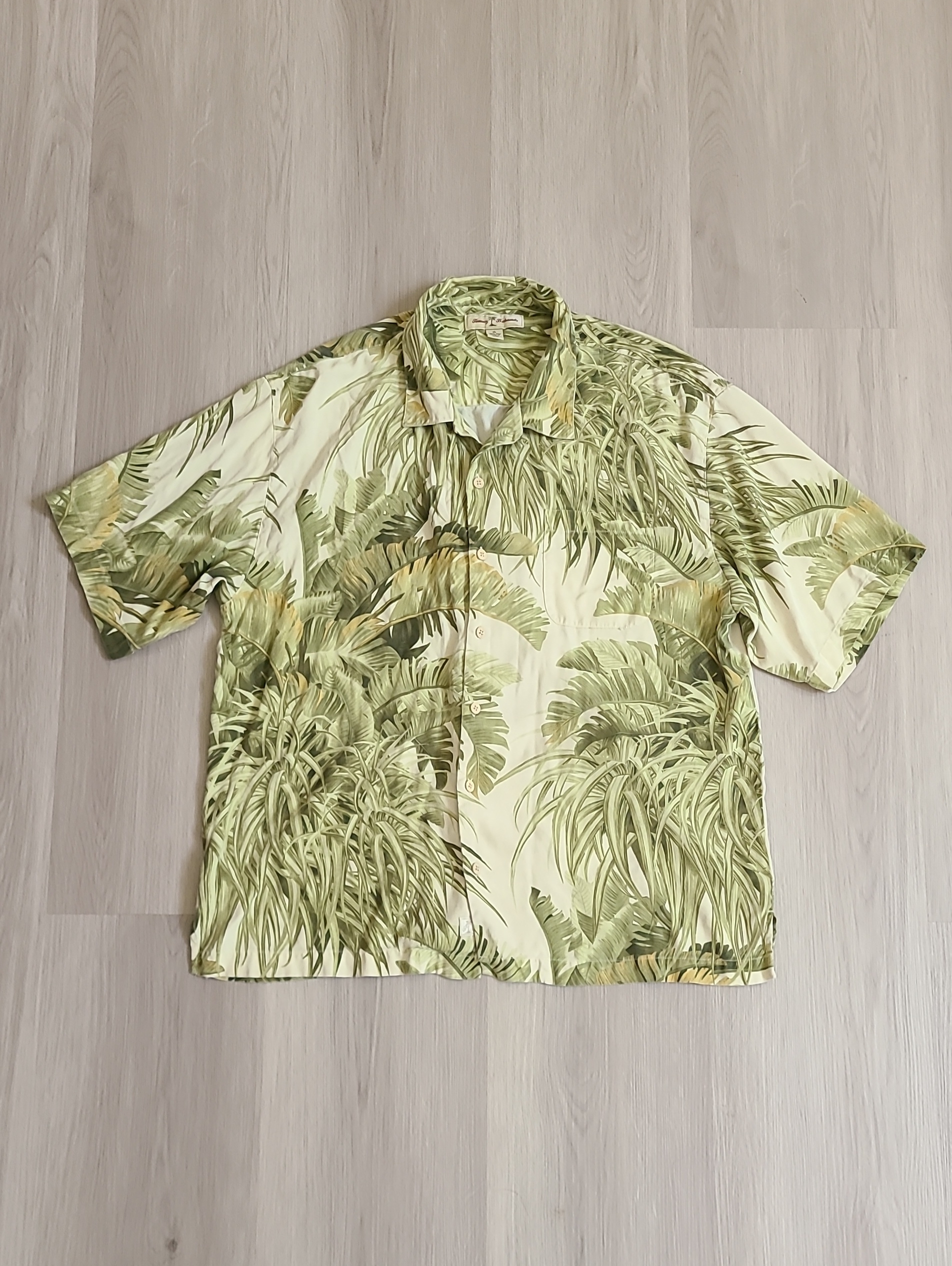 Tommy Bahama Green Tropical Leaf Camp Shirt Tiger 100% Silk Xl Men's Breathable